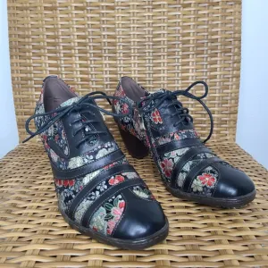 Socofy Shoes Heels Lace-Up Flower Embroidered Fabric Black Leather Retro Size 39