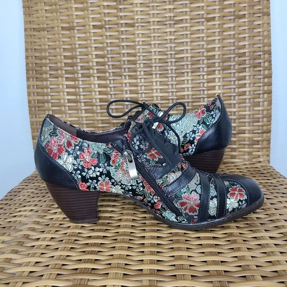 Socofy Shoes Heels Lace-Up Flower Embroidered Fabric Black Leather Retro Size 39