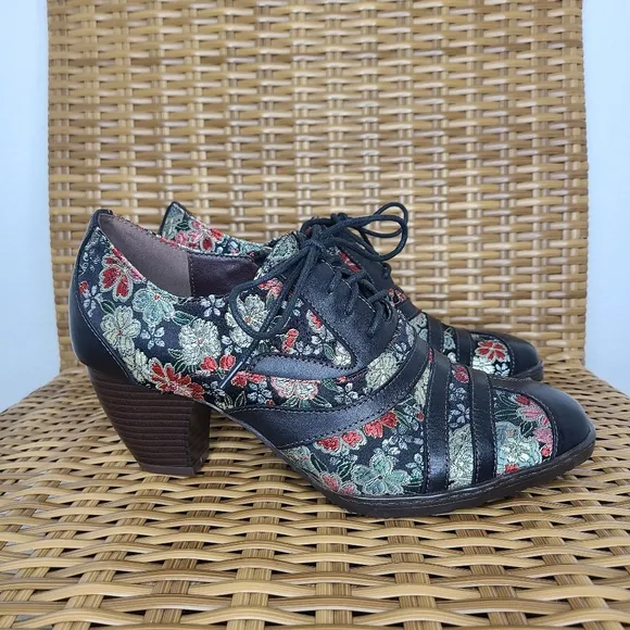 Socofy Shoes Heels Lace-Up Flower Embroidered Fabric Black Leather Retro Size 39