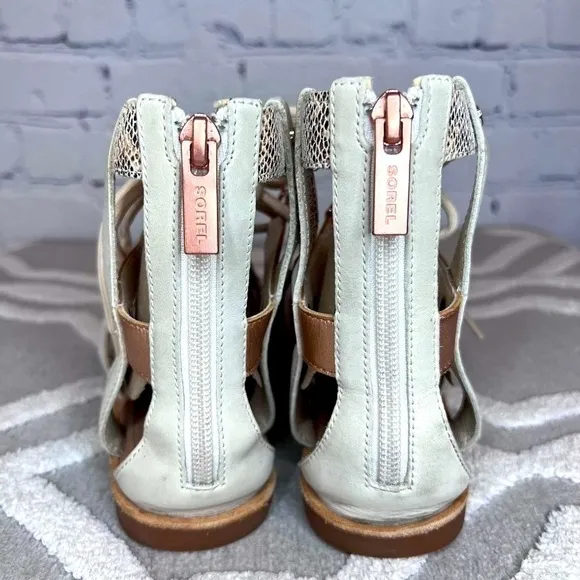 𝅺SOREL “Ella” Lace Up Gladiator Sandals Leather, cream, tan and gold W 7.5