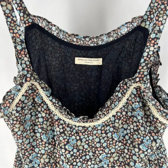 Spell And The Gypsy Navy Poppy Strappy Floral Ditsy Mini Dress Organic Cotton S