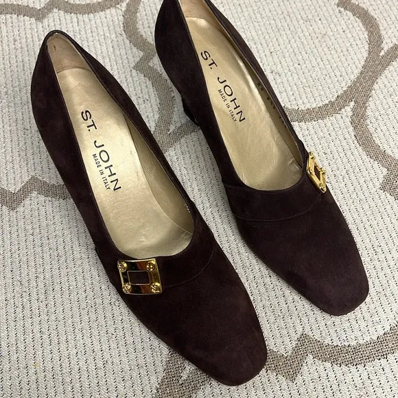 St. John Roberta Brown Suede Shoes with Gold Buckle  Made in Italy Pumps