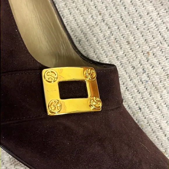 St. John Roberta Brown Suede Shoes with Gold Buckle  Made in Italy Pumps