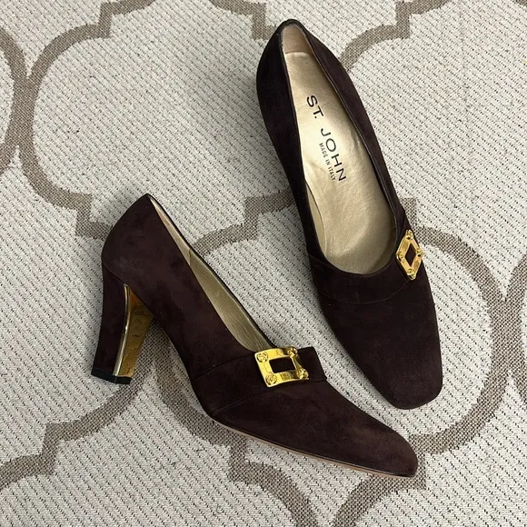 St. John Roberta Brown Suede Shoes with Gold Buckle  Made in Italy Pumps