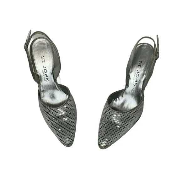 St. John Women's Shoes Pumps Heels Sling Back Metallic Silver Italian Size 9