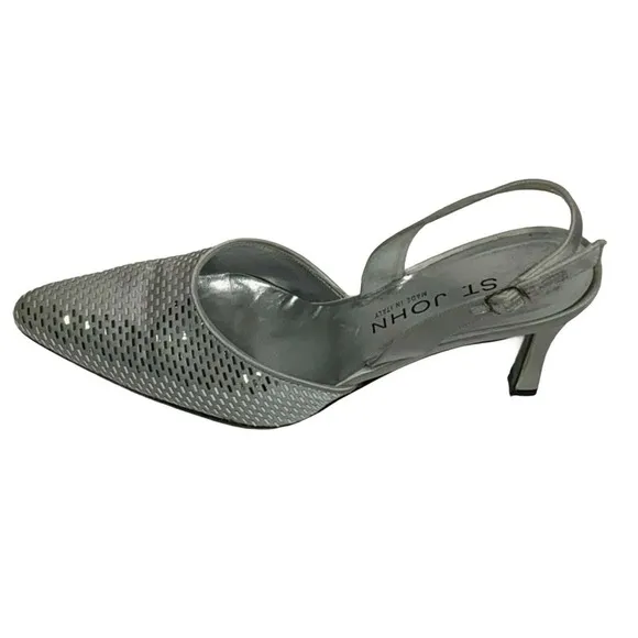 St. John Women's Shoes Pumps Heels Sling Back Metallic Silver Italian Size 9