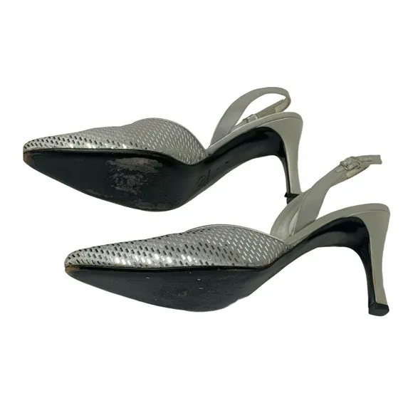 St. John Women's Shoes Pumps Heels Sling Back Metallic Silver Italian Size 9
