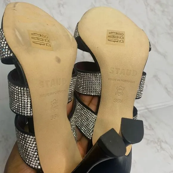 Staud Open Toe Rhinestone Heel Mule Sandals Black Size 36.5