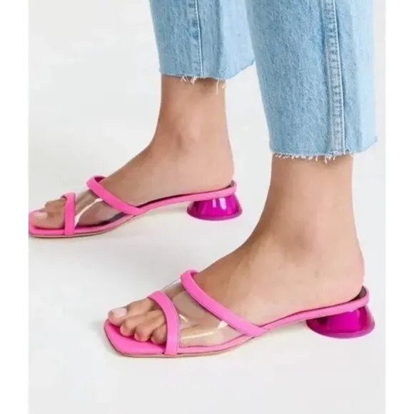 Staud Simone Mule Pink Leather Clear Panel square toe low round heel sandals 37