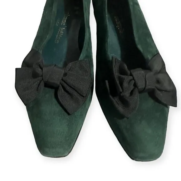 Stephane Kelian Vintage Green Suede Pumps with Bow, Size 8 US,