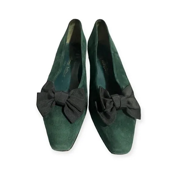 Stephane Kelian Vintage Green Suede Pumps with Bow, Size 8 US,
