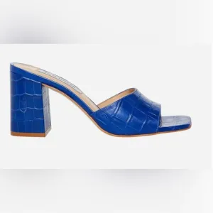 Steve Madden “Alaya” Blue 100% Leather Textured Slide Sandals mule square toe