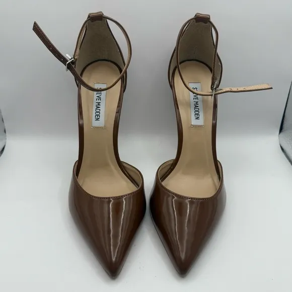 Steve Madden Alisha Heels Brown Patent Leather  Ankle Strap Sz 8.5
