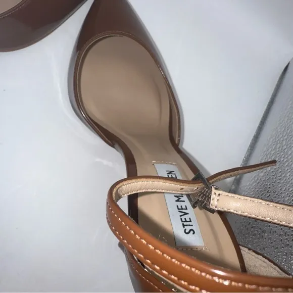 Steve Madden Alisha Heels Brown Patent Leather  Ankle Strap Sz 8.5