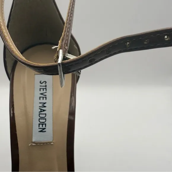 Steve Madden Alisha Heels Brown Patent Leather  Ankle Strap Sz 8.5