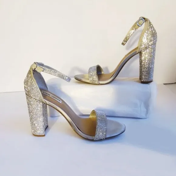 Steve Madden Carrson Silver Crystal Covered Block Heel Sparkly Sandals  Sz 9.5