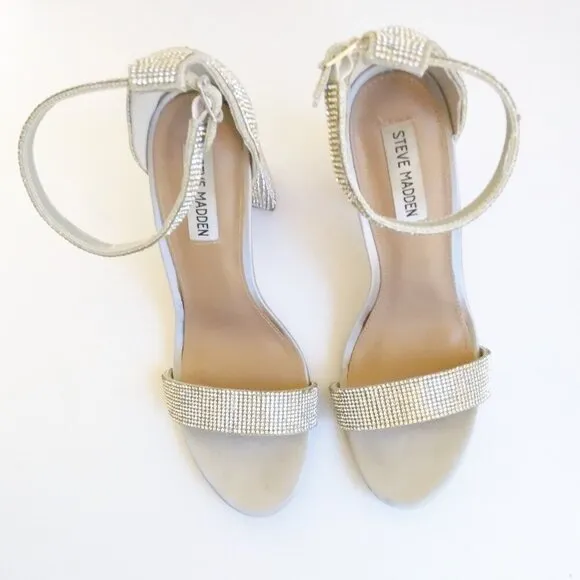Steve Madden Carrson Silver Crystal Covered Block Heel Sparkly Sandals  Sz 9.5