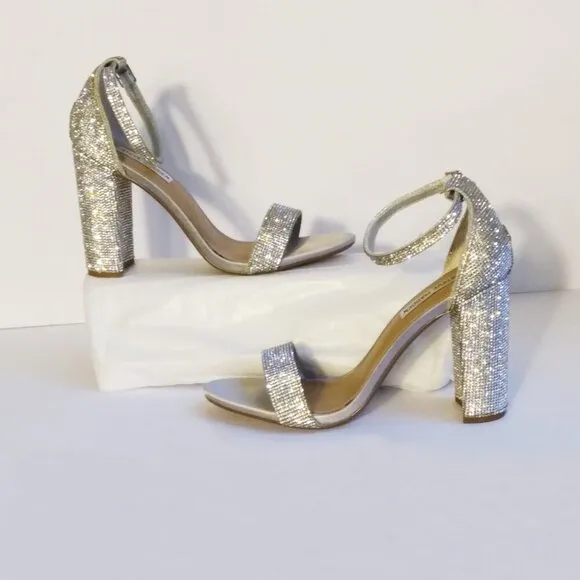 Steve Madden Carrson Silver Crystal Covered Block Heel Sparkly Sandals  Sz 9.5
