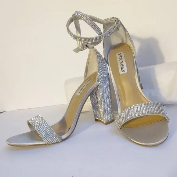 Steve Madden Carrson Silver Crystal Covered Block Heel Sparkly Sandals  Sz 9.5