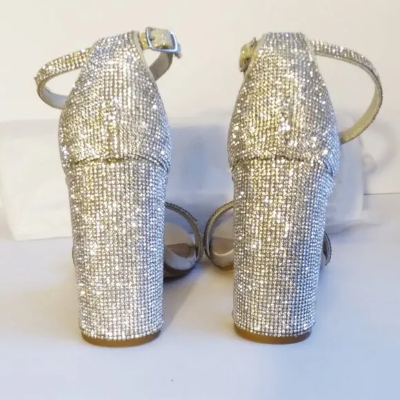 Steve Madden Carrson Silver Crystal Covered Block Heel Sparkly Sandals  Sz 9.5