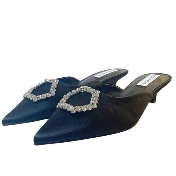 Steve Madden Kees Black Satin Rhinestone Buckle Kitten Heel Mule Size 8.5 NWT