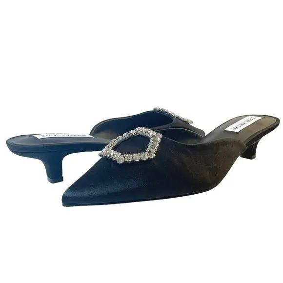 Steve Madden Kees Black Satin Rhinestone Buckle Kitten Heel Mule Size 8.5 NWT