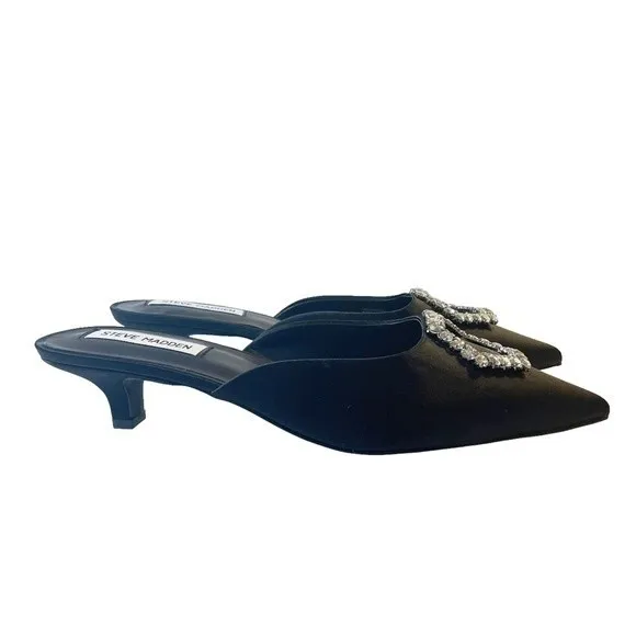 Steve Madden Kees Black Satin Rhinestone Buckle Kitten Heel Mule Size 8.5 NWT