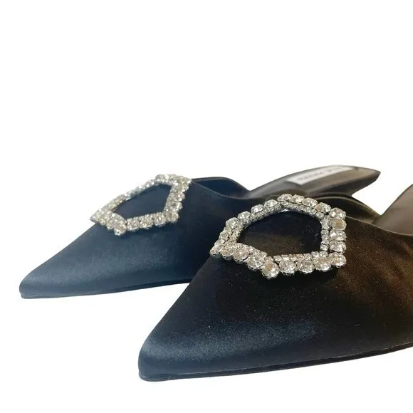 Steve Madden Kees Black Satin Rhinestone Buckle Kitten Heel Mule Size 8.5 NWT