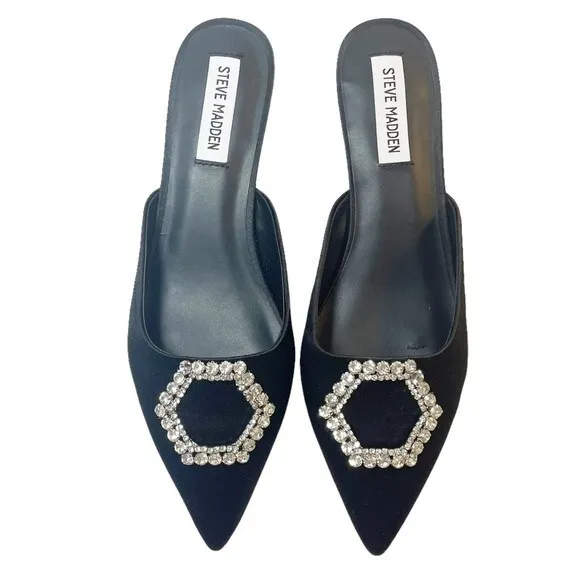 Steve Madden Kees Black Satin Rhinestone Buckle Kitten Heel Mule Size 8.5 NWT