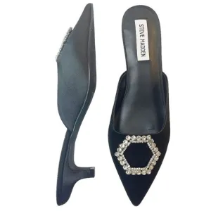 Steve Madden Kees Black Satin Rhinestone Buckle Kitten Heel Mule Size 8.5 NWT