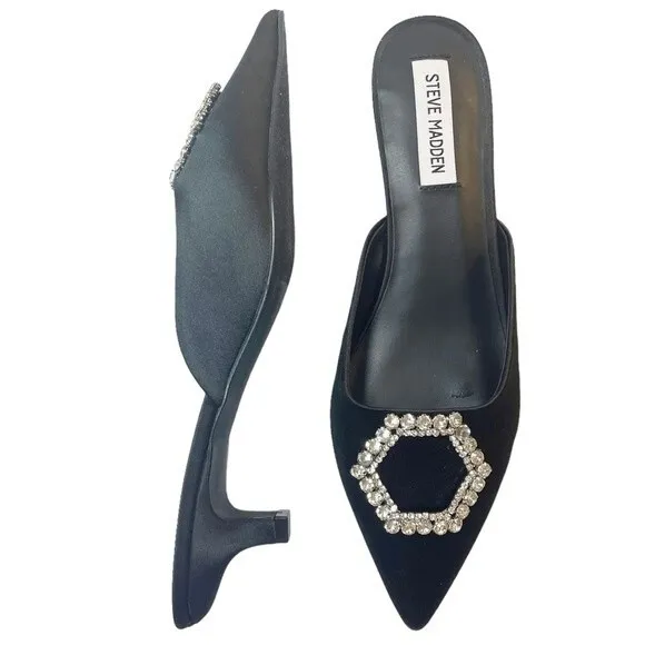 Steve Madden Kees Black Satin Rhinestone Buckle Kitten Heel Mule Size 8.5 NWT