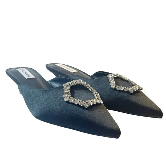 Steve Madden Kees Black Satin Rhinestone Buckle Kitten Heel Mule Size 8.5 NWT