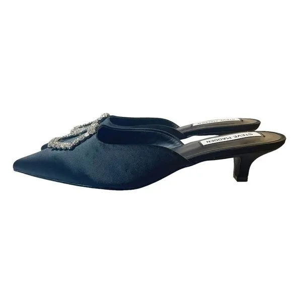 Steve Madden Kees Black Satin Rhinestone Buckle Kitten Heel Mule Size 8.5 NWT
