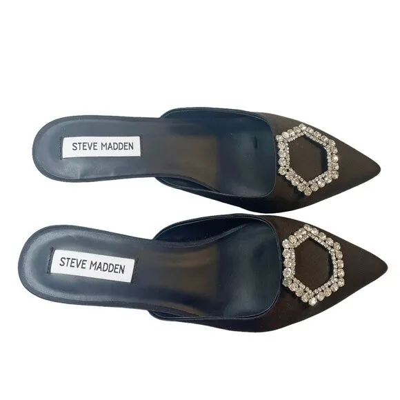 Steve Madden Kees Black Satin Rhinestone Buckle Kitten Heel Mule Size 8.5 NWT