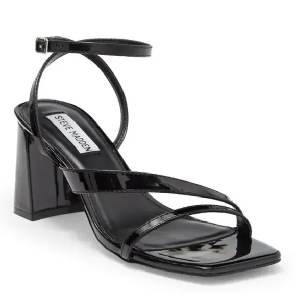 STEVE MADDEN May black patent leather strappy block heel sandals women Size 9.5M