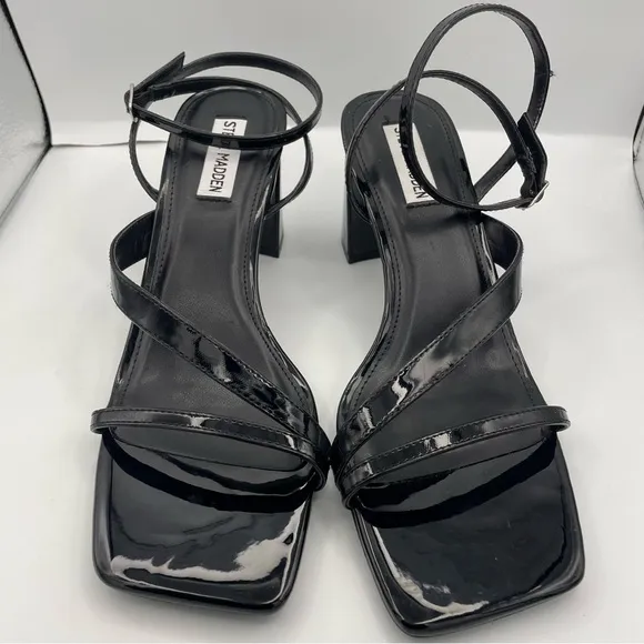 STEVE MADDEN May black patent leather strappy block heel sandals women Size 9.5M