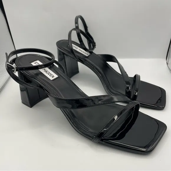 STEVE MADDEN May black patent leather strappy block heel sandals women Size 9.5M