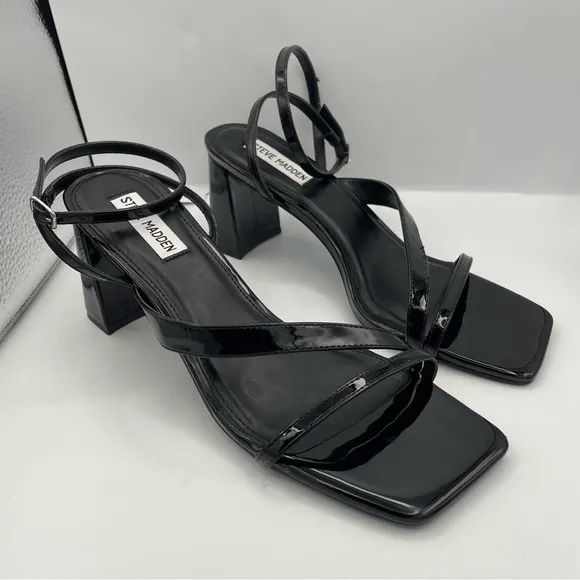 STEVE MADDEN May black patent leather strappy block heel sandals women Size 9.5M