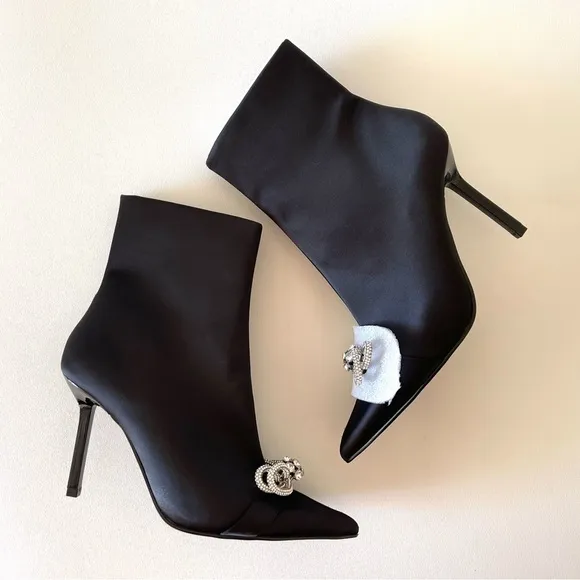 Steve Madden Shoes Satin Sock Bootie Pointed Stiletto Rhinestone Bow Black 8