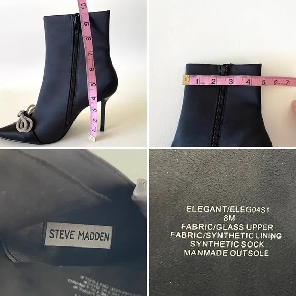 Steve Madden Shoes Satin Sock Bootie Pointed Stiletto Rhinestone Bow Black 8