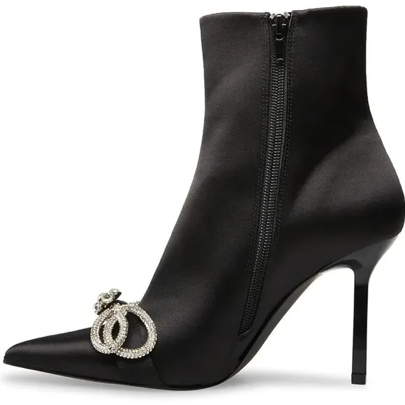 Steve Madden Shoes Satin Sock Bootie Pointed Stiletto Rhinestone Bow Black 8