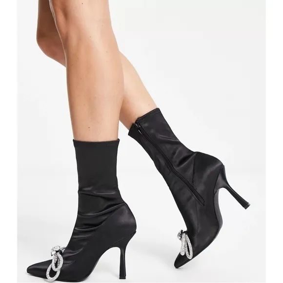 Steve Madden Shoes Satin Sock Bootie Pointed Stiletto Rhinestone Bow Black 8