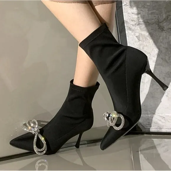 Steve Madden Shoes Satin Sock Bootie Pointed Stiletto Rhinestone Bow Black 8
