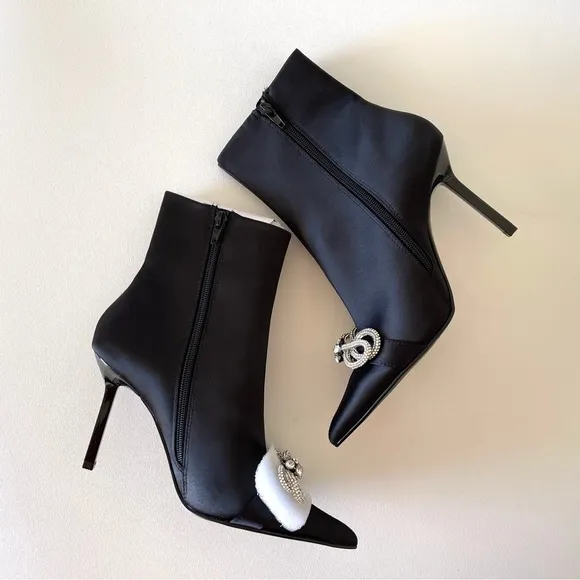 Steve Madden Shoes Satin Sock Bootie Pointed Stiletto Rhinestone Bow Black 8