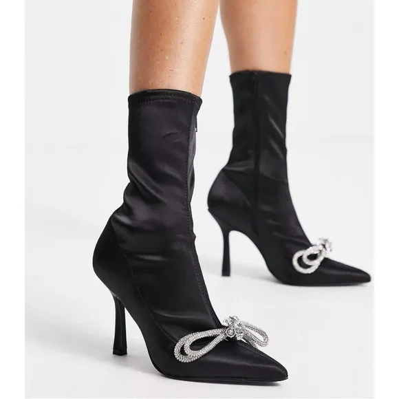 Steve Madden Shoes Satin Sock Bootie Pointed Stiletto Rhinestone Bow Black 8