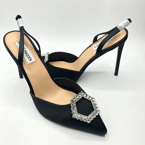 Steve Madden Womens Fabulous Sandal Stiletto Heels Shoes Black Rhinestone 9 M