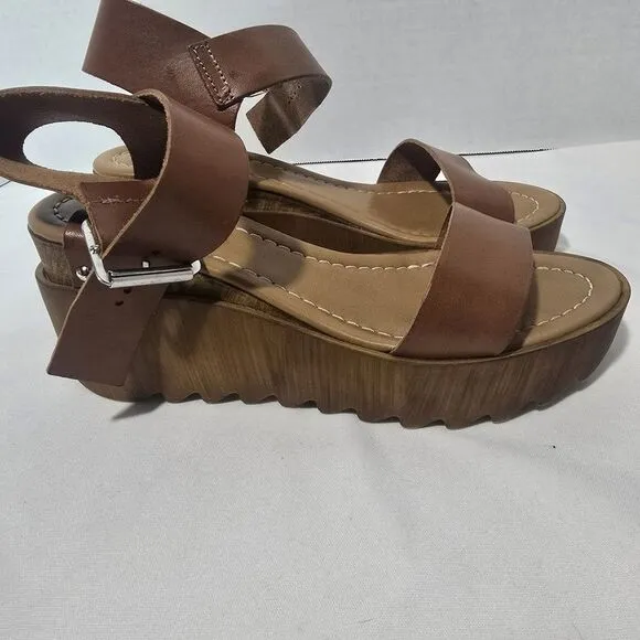 Steve Madden‎ Wooden Keanu Cognac Leather womens Sandel 3.25&quot; Heel sz 7.5