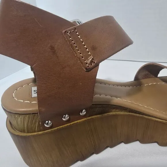 Steve Madden‎ Wooden Keanu Cognac Leather womens Sandel 3.25&quot; Heel sz 7.5