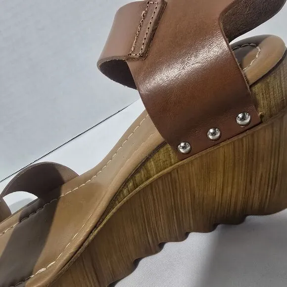 Steve Madden‎ Wooden Keanu Cognac Leather womens Sandel 3.25&quot; Heel sz 7.5