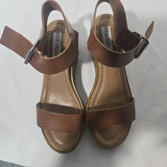 Steve Madden‎ Wooden Keanu Cognac Leather womens Sandel 3.25&quot; Heel sz 7.5